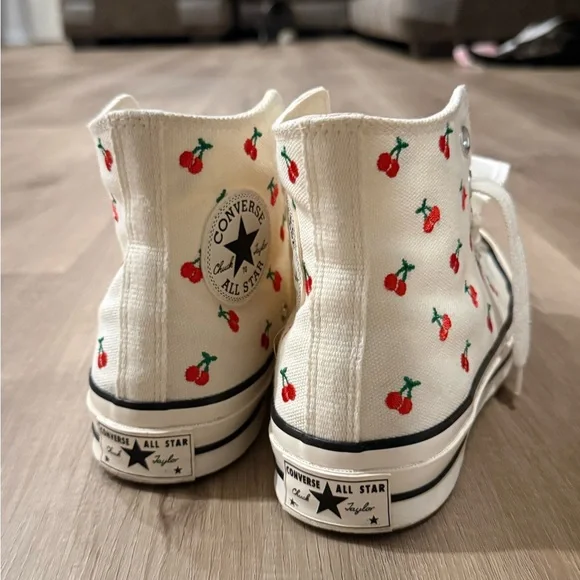 Converse Cream High Top Sneakers with Red Cherry Embroidery - Picture 3 of 9